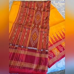 New Vibrant Mango Yellow & Maroon Pure Sambalpuri Silk Saree With Red Pasapally